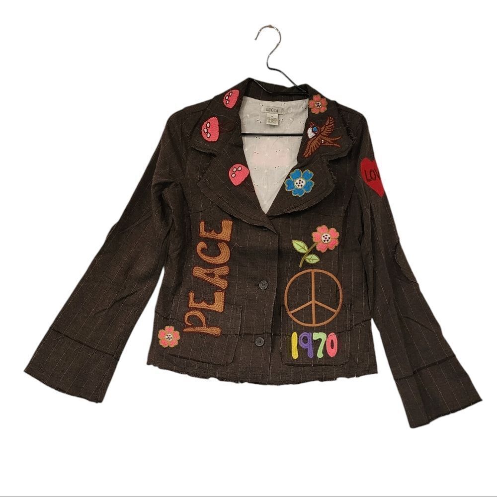 Lucca NWOT Mushroom Embroidered Herringbone Pinstripe Distressed Jacket
